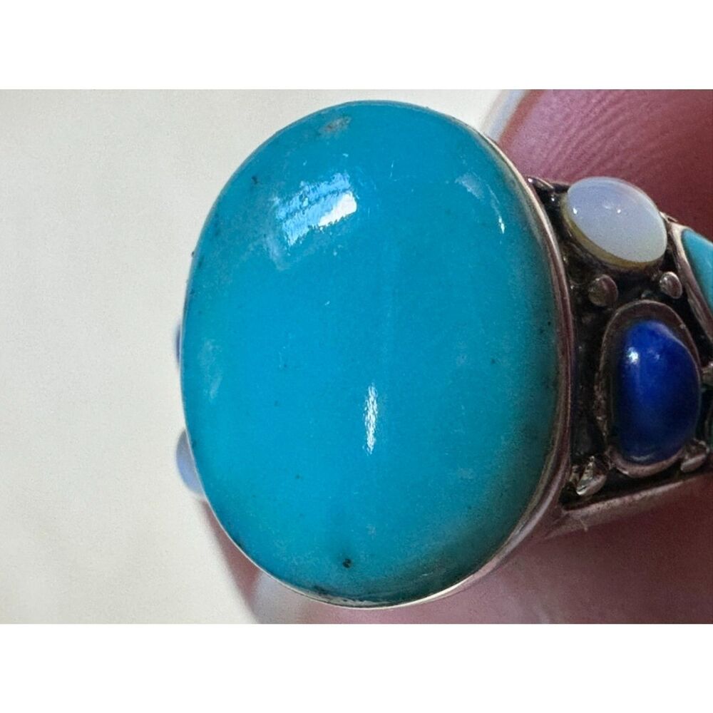 Beautiful Artisan Turquoise Lapis Mother of Pearl Sterling Silver Ring, Size 6 - Picture 8 of 10